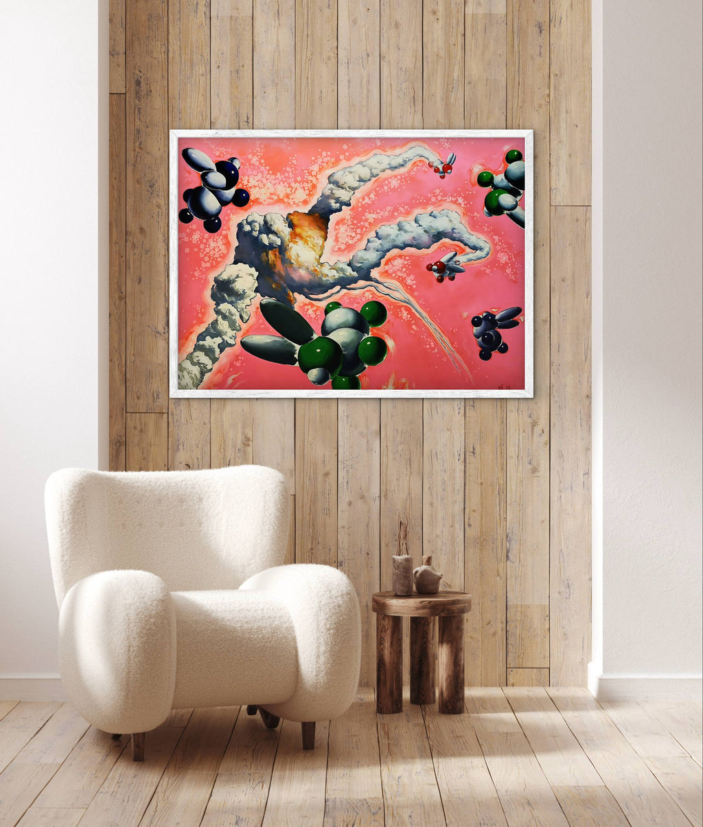 Abstract painting on a wooden wall above a white armchair