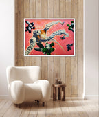 Abstract painting on a wooden wall above a white armchair