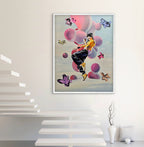 Framed artwork of a person with balloons and butterflies in a modern interior setting.