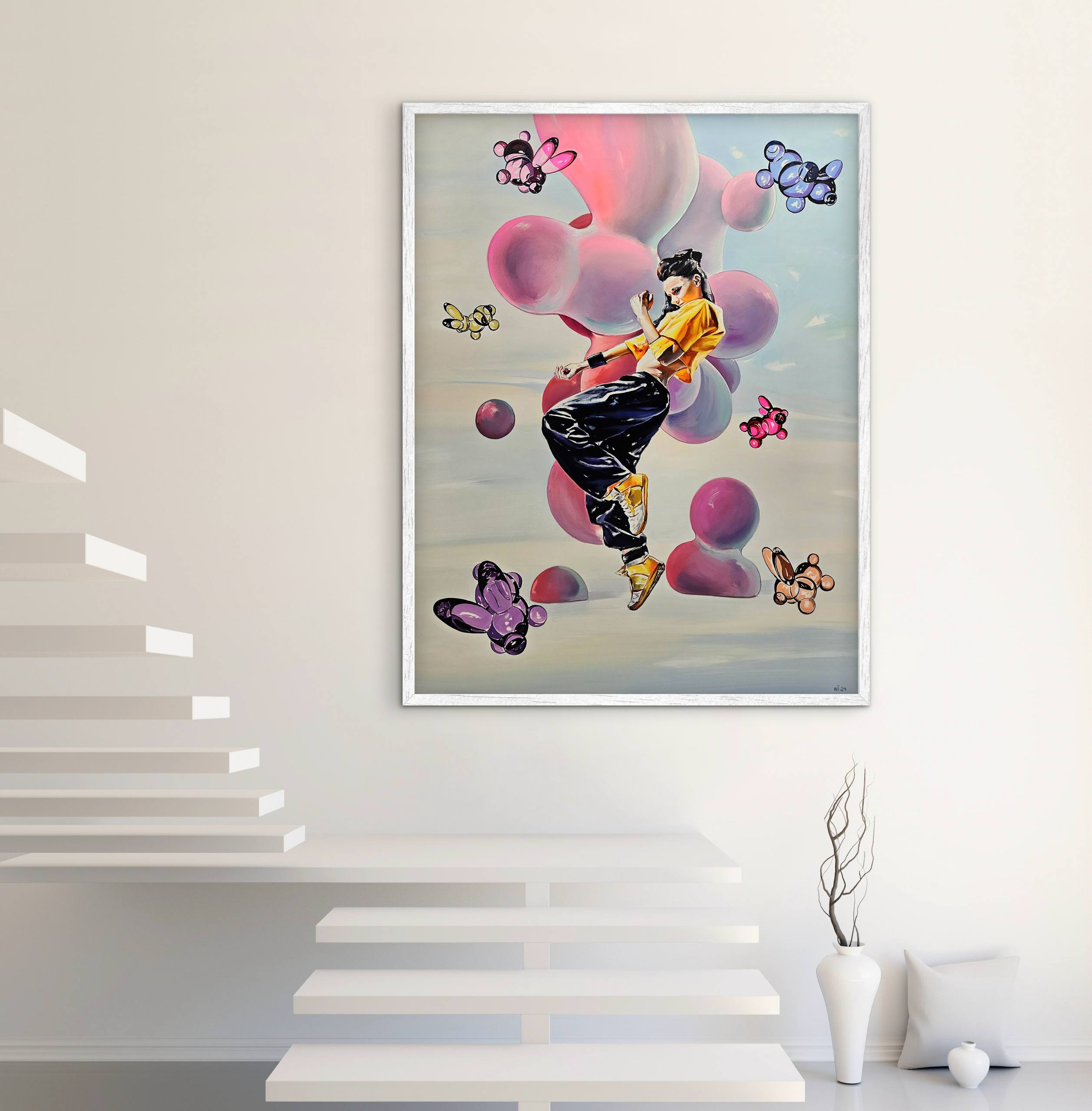 Framed artwork of a person with balloons and butterflies in a modern interior setting.