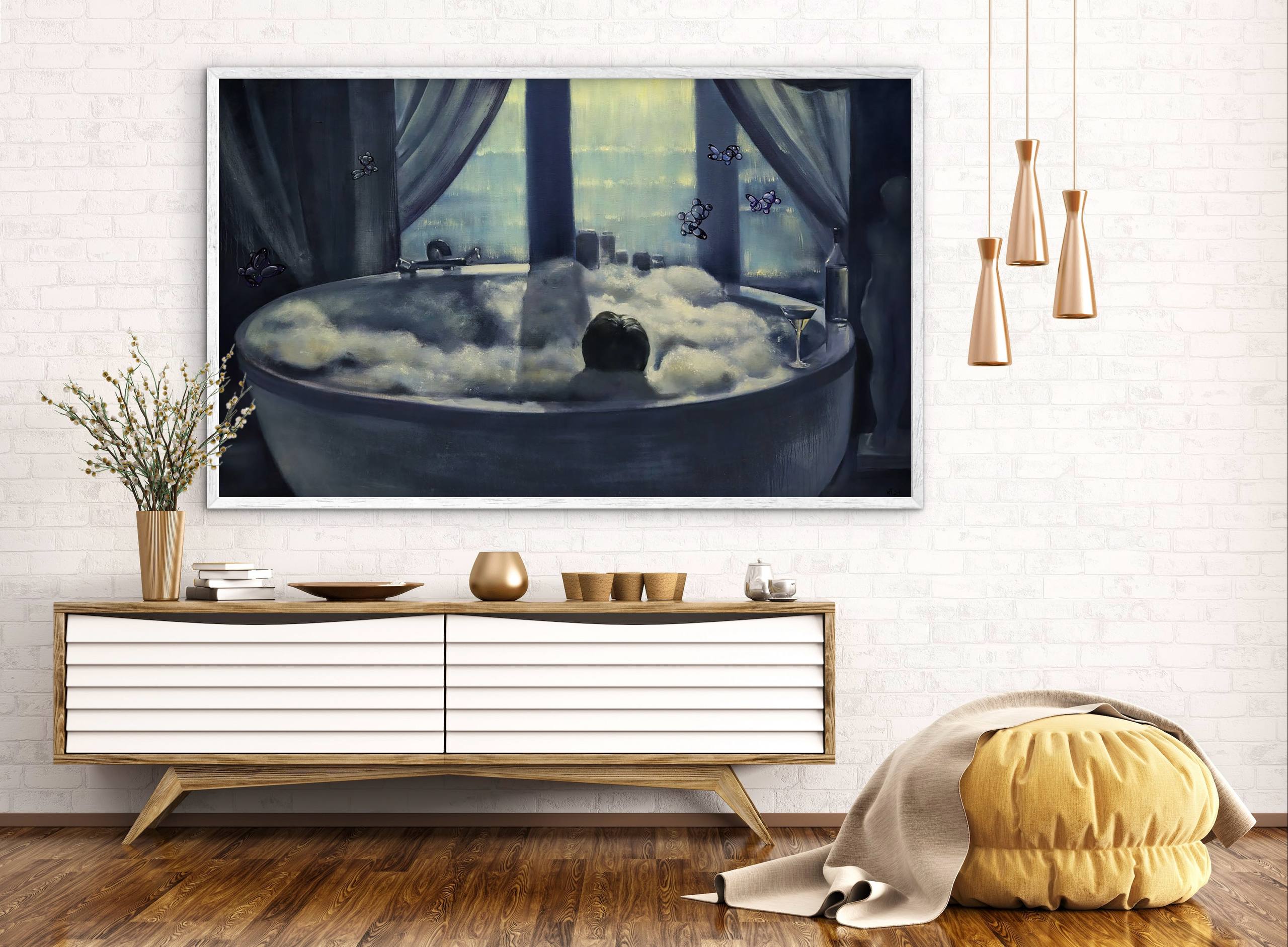 Modern living room with a large TV displaying a relaxing bath scene, wooden cabinet, and decorative items.