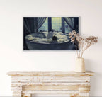 Framed artwork of a person in a bathtub with clouds, placed above a wooden console table.
