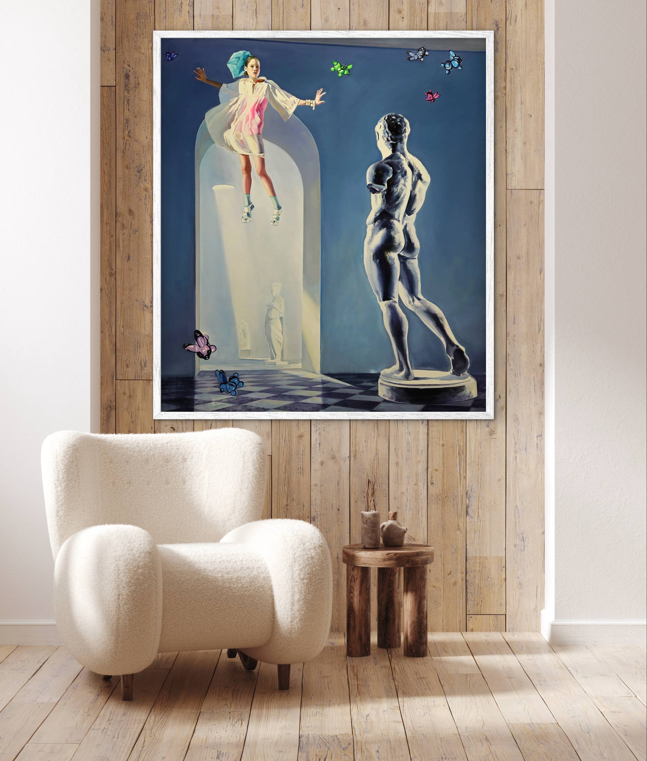 Framed artwork of a woman in a dress and a statue on a checkered floor, with a white armchair and wooden side table in the foreground.