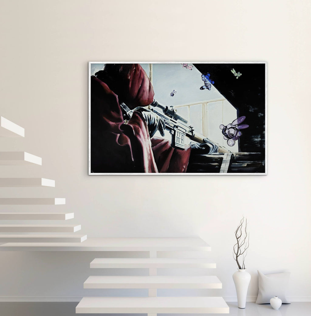 Framed artwork on a white wall with a modern interior setting