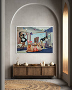 Framed artwork on a wall above a wooden cabinet with decorative items.