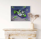 Framed artwork of a green bottle on a white wall above a wooden console table.