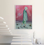 Framed artwork of a person in a green coat against a pink sky with butterflies, displayed on a white wall.