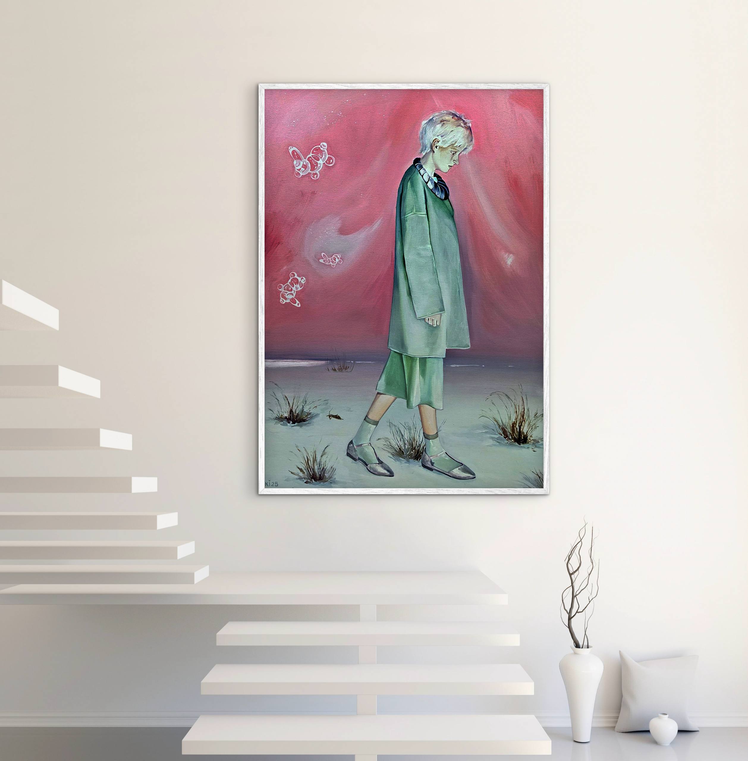 Framed artwork of a person in a green coat against a pink sky with butterflies, displayed on a white wall.