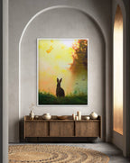 Framed artwork of a rabbit in a field with butterflies on a wall above a wooden cabinet.