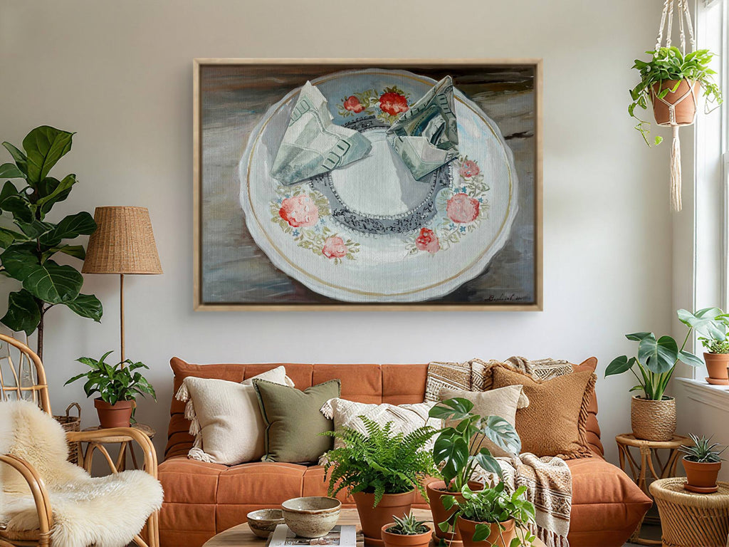 Living room with orange sofa, decorative pillows, and a large painting on the wall.