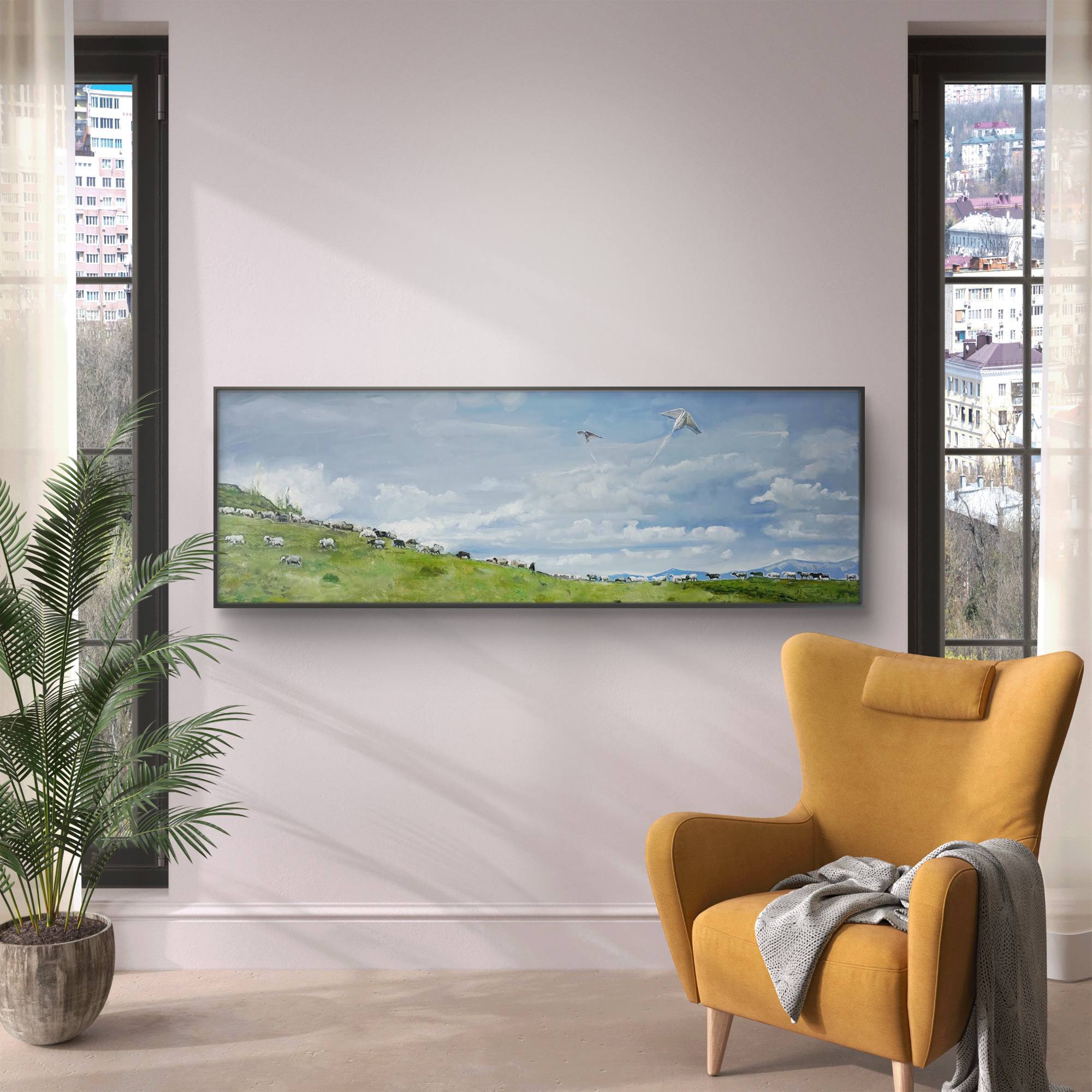 Living room with a yellow armchair, plant, and TV displaying a nature scene.
