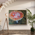Colorful abstract painting on a wall with a plant and floor lamp in a room.