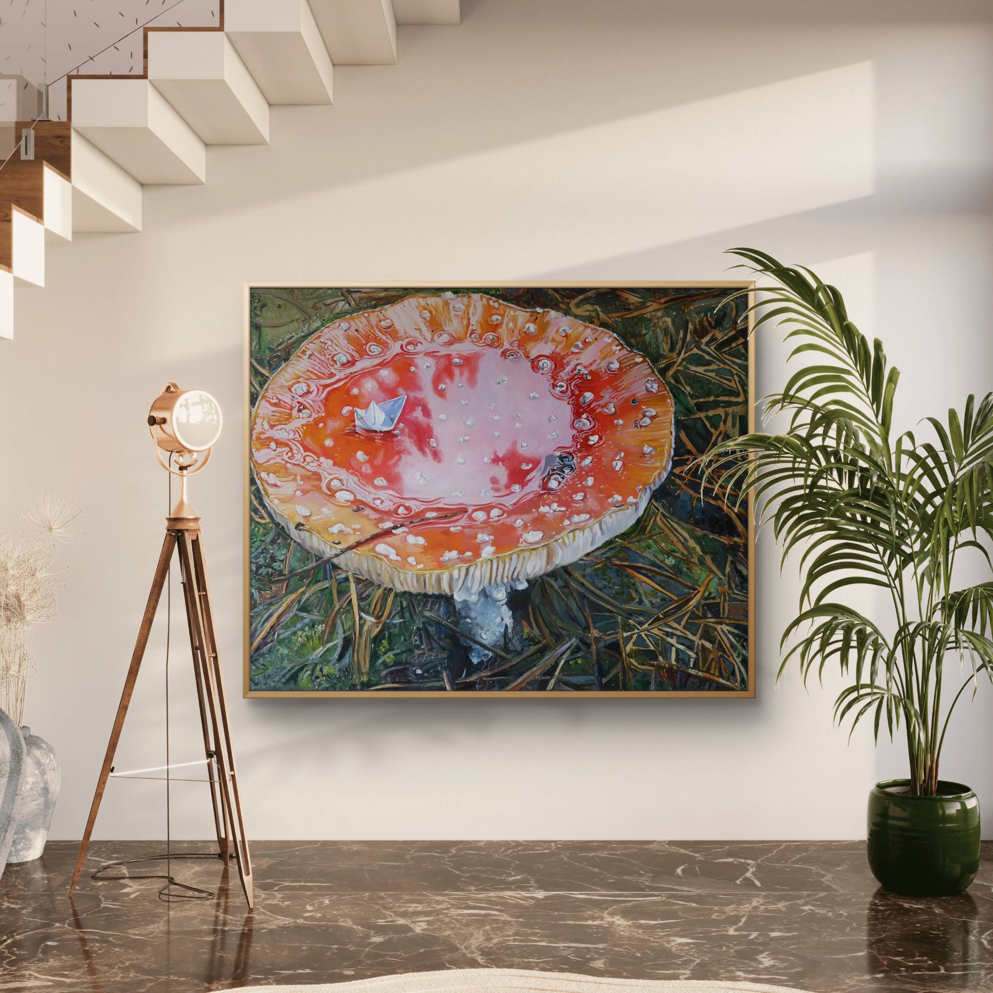Colorful abstract painting on a wall with a plant and floor lamp in a room.