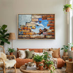 Living room with orange sofa, decorative pillows, and a large abstract painting on the wall.
