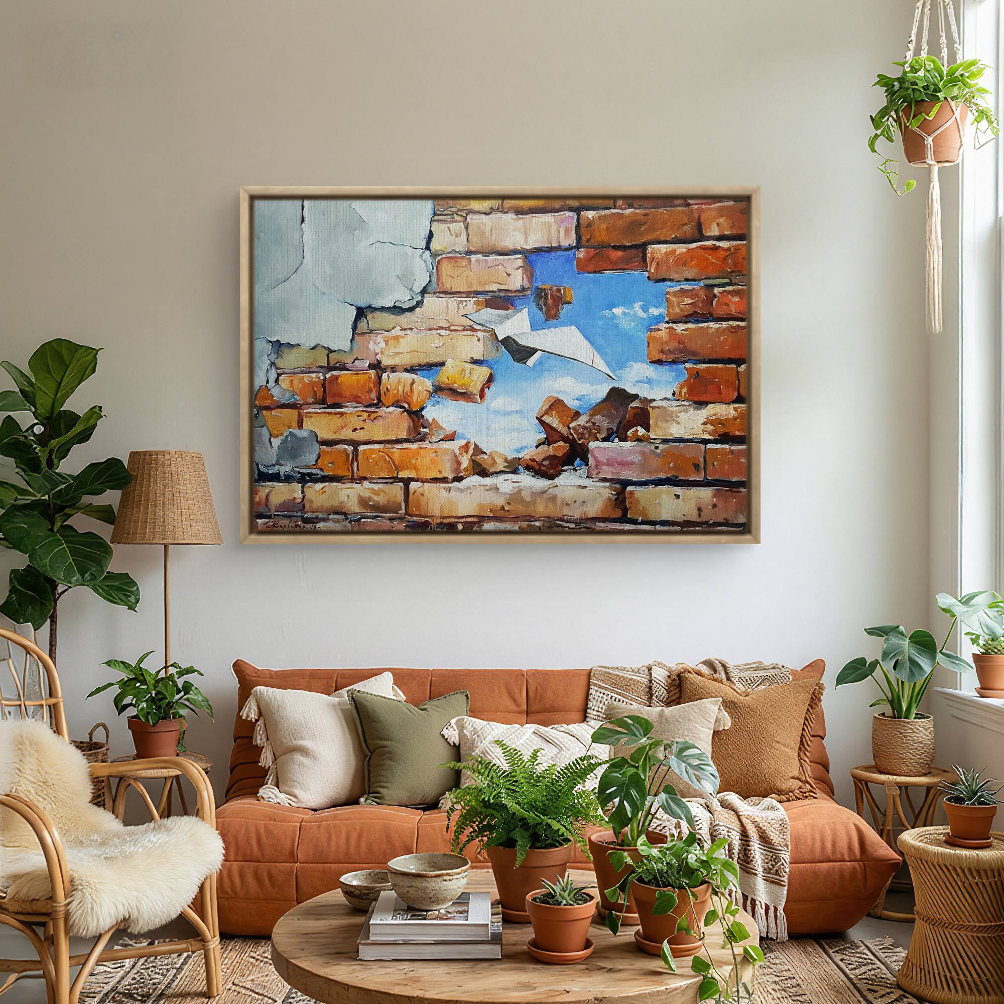 Living room with orange sofa, decorative pillows, and a large abstract painting on the wall.