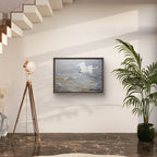 Modern interior with a painting of swans, a floor lamp, and a plant.