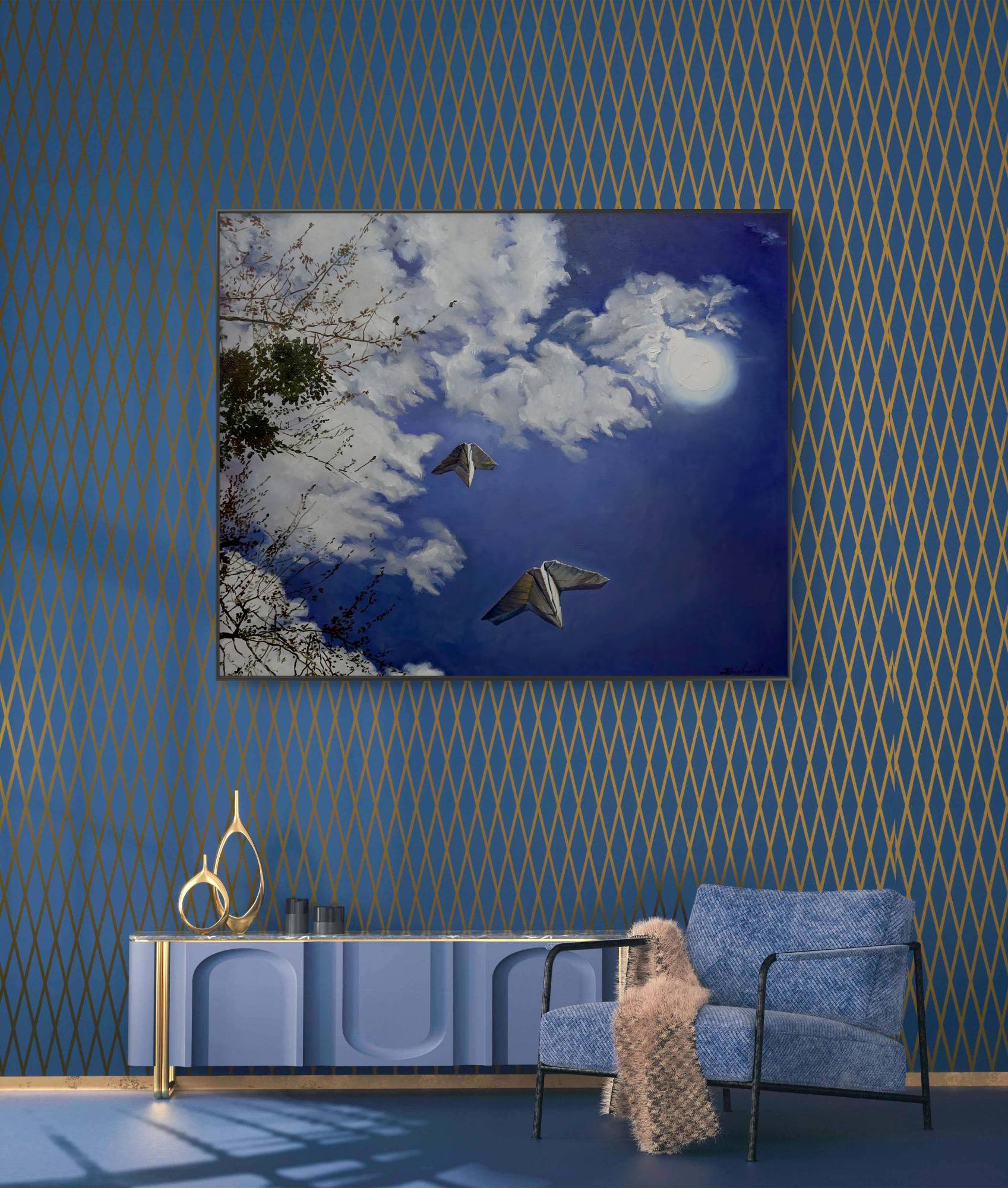 Modern living room with blue walls, a blue sofa, and a decorative painting of a butterfly and moon.