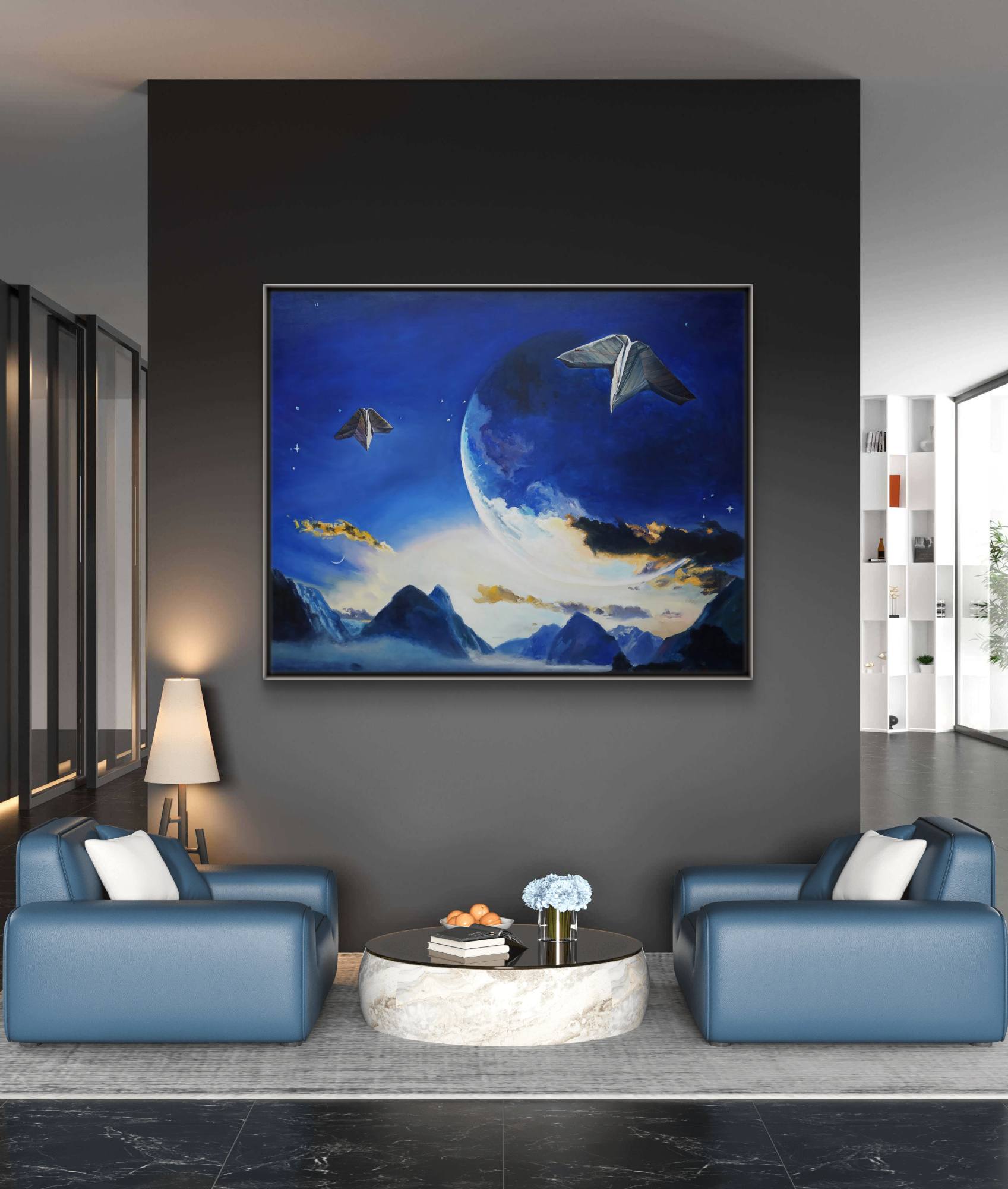 Modern living room with blue armchairs, a coffee table, and a large abstract painting on the wall.