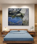 Modern bedroom with a large abstract painting on the wall, wooden bed, and matching nightstands.