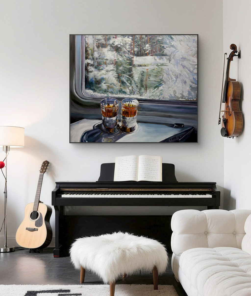 Living room with a piano, guitar, and a painting of drinks on a train window.