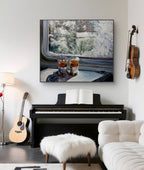Living room with a piano, guitar, and a painting of drinks on a train window.