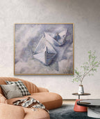 Living room with a brown sofa, abstract painting on the wall, and a small table with a plant.