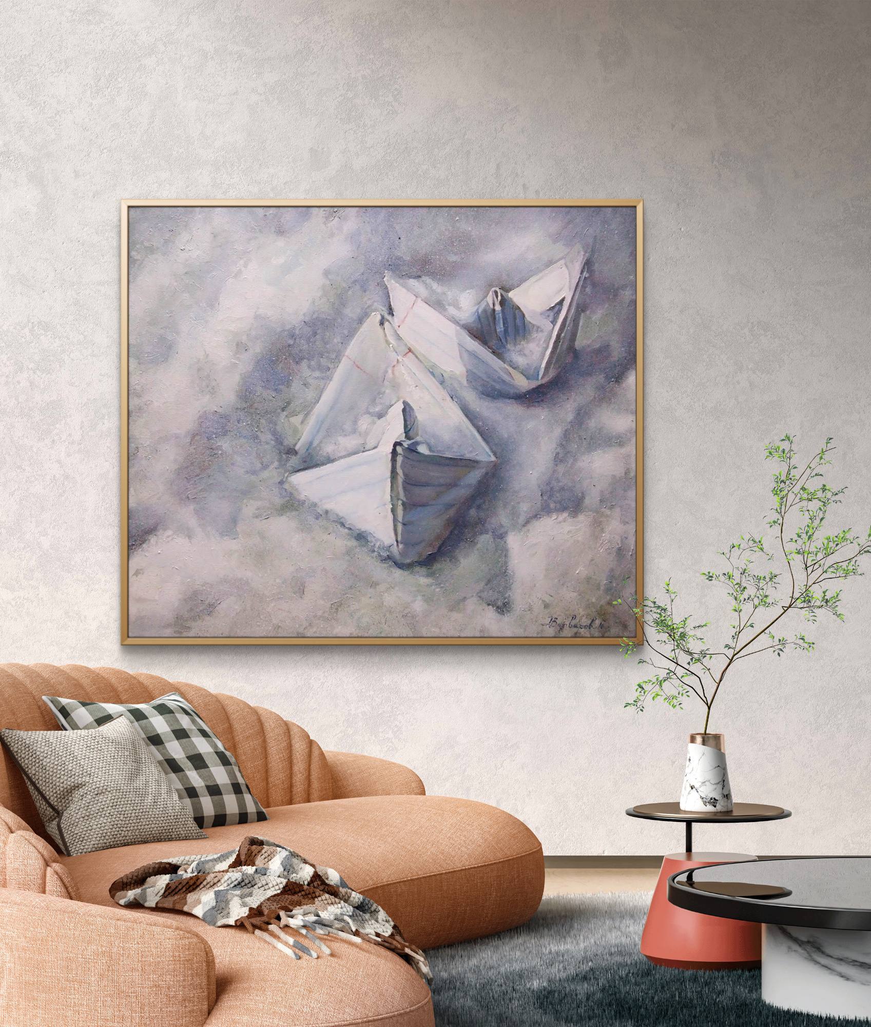 Living room with a brown sofa, abstract painting on the wall, and a small table with a plant.