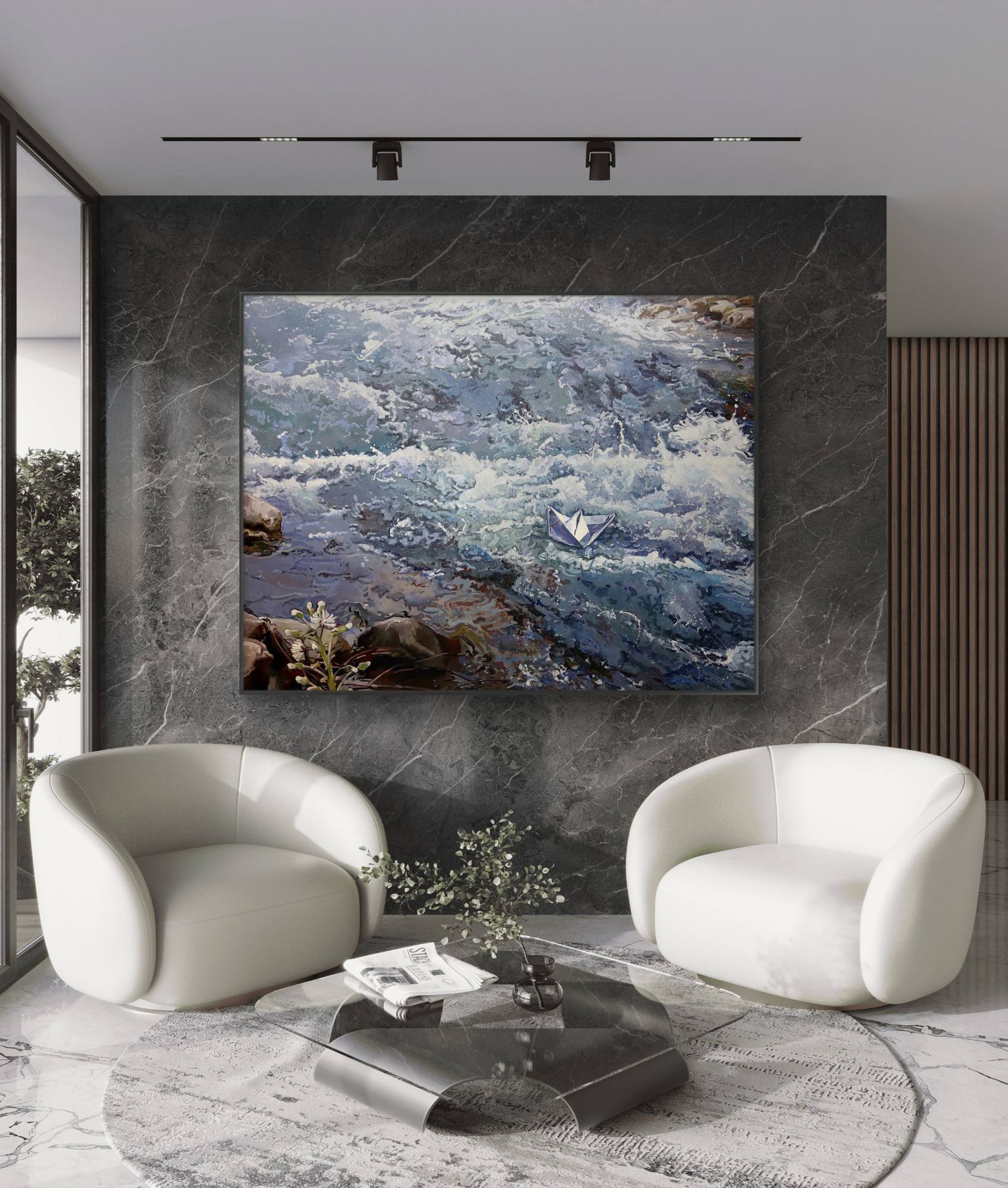 Modern living room with two white chairs and a coffee table in front of a large wall-mounted TV displaying a nature scene.