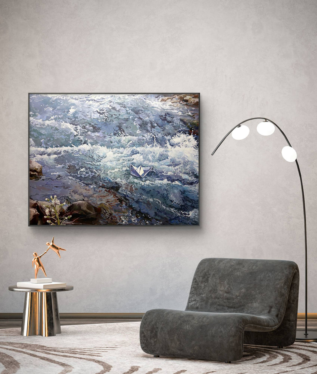 Modern interior with a large painting of a mountain landscape, gray armchair, and floor lamp.