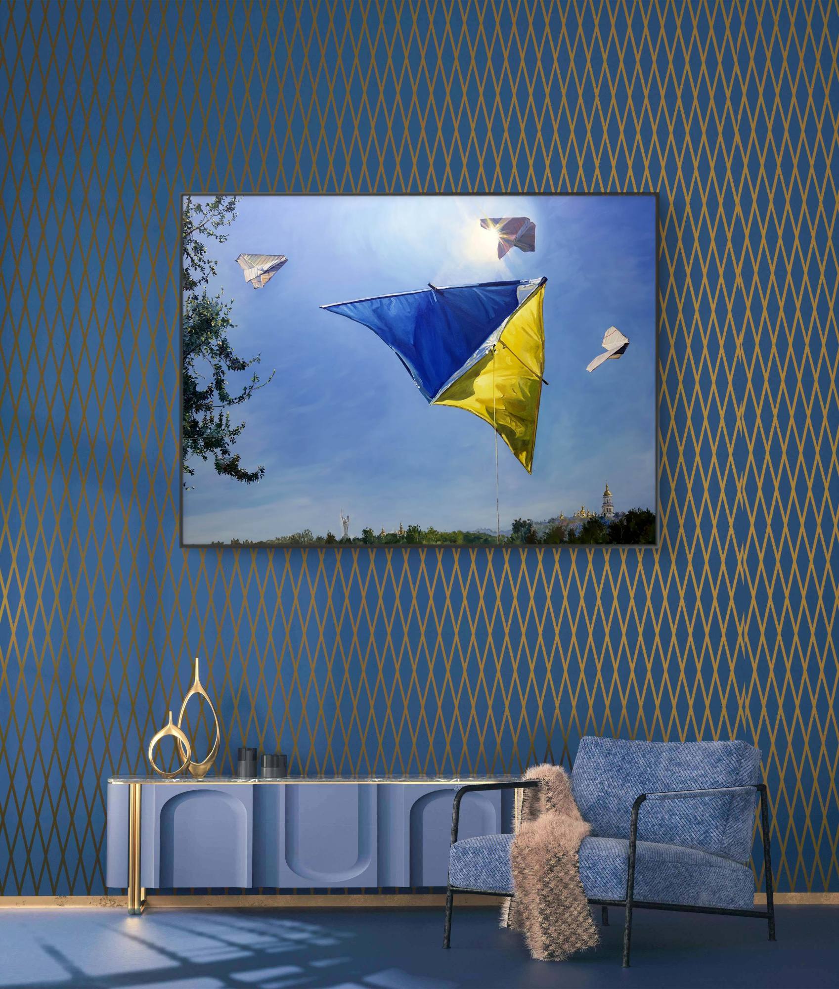Living room with a large TV displaying a kite scene, blue walls with gold patterns, and modern furniture.