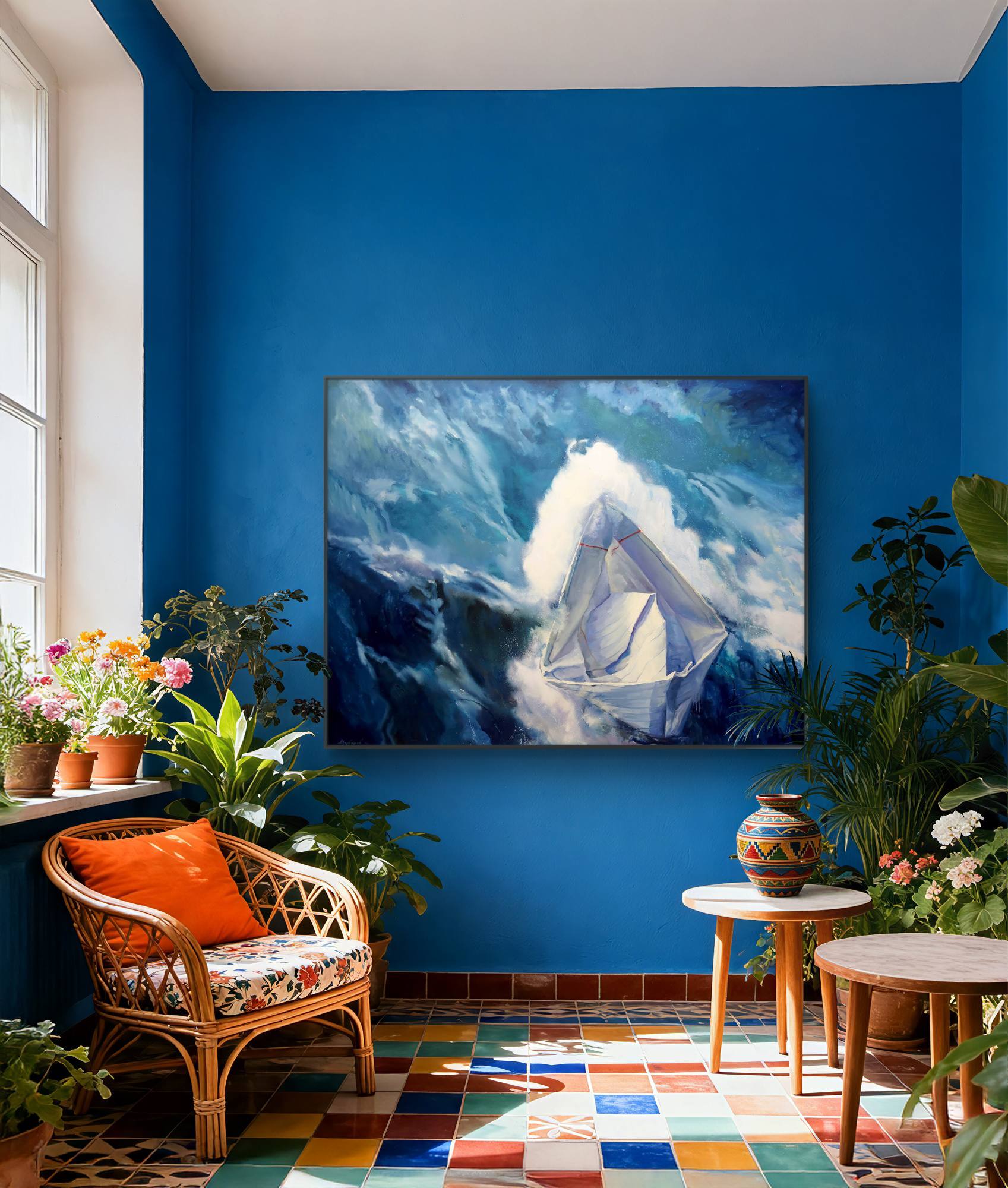 Living room with blue walls, a large abstract painting, and decorative plants.