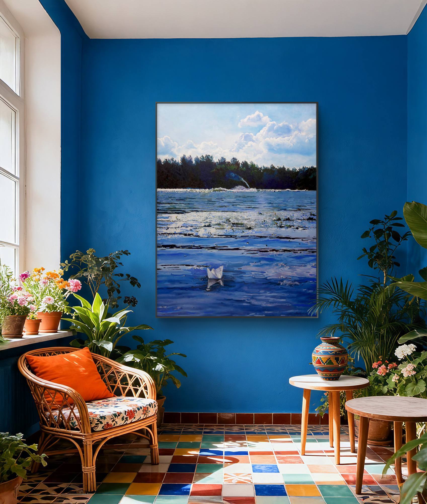 Living room with blue walls, a large beach scene painting, and decorative plants.