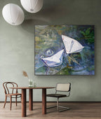 Dining room with a large abstract painting of two sailboats on a wall above a table.
