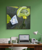 Artistic depiction of a frog on a lily pad with a yellow flower, displayed above a desk with a laptop and printer.