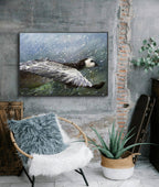 Room interior with a painting of a duck, chair with fur cover, and guitar against a brick wall.
