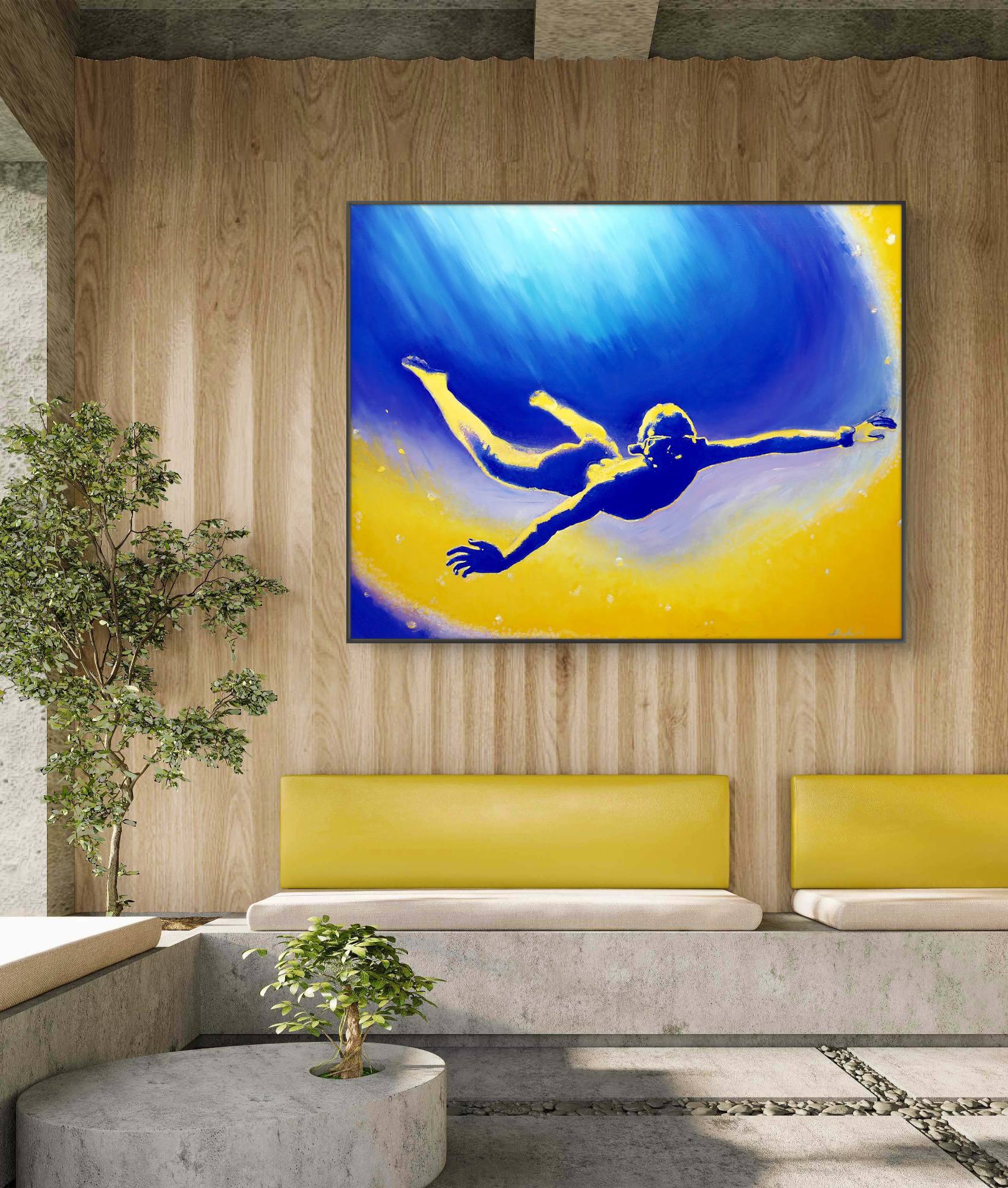 Modern interior with a painting of a diver on a wall above a yellow couch.