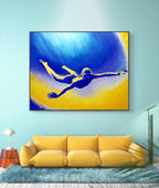 Colorful abstract painting of a person in a swimsuit against a blue and yellow background, hanging above a yellow sofa.