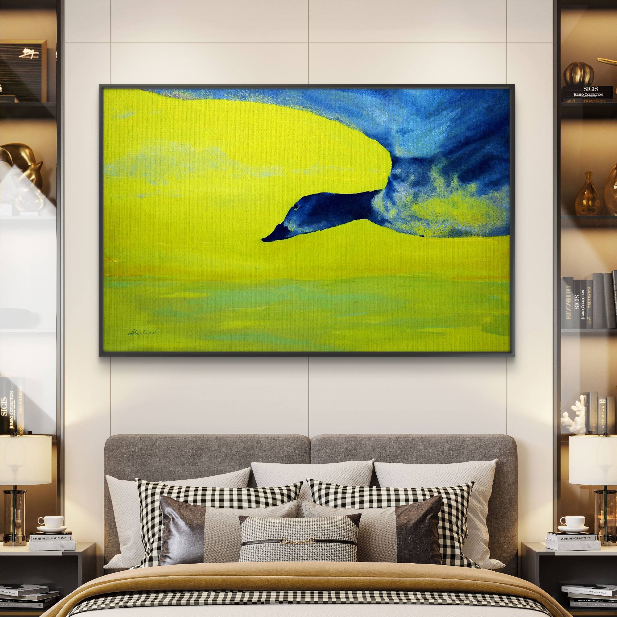 Colorful abstract painting of a duck on a wall above a bed with decorative pillows.