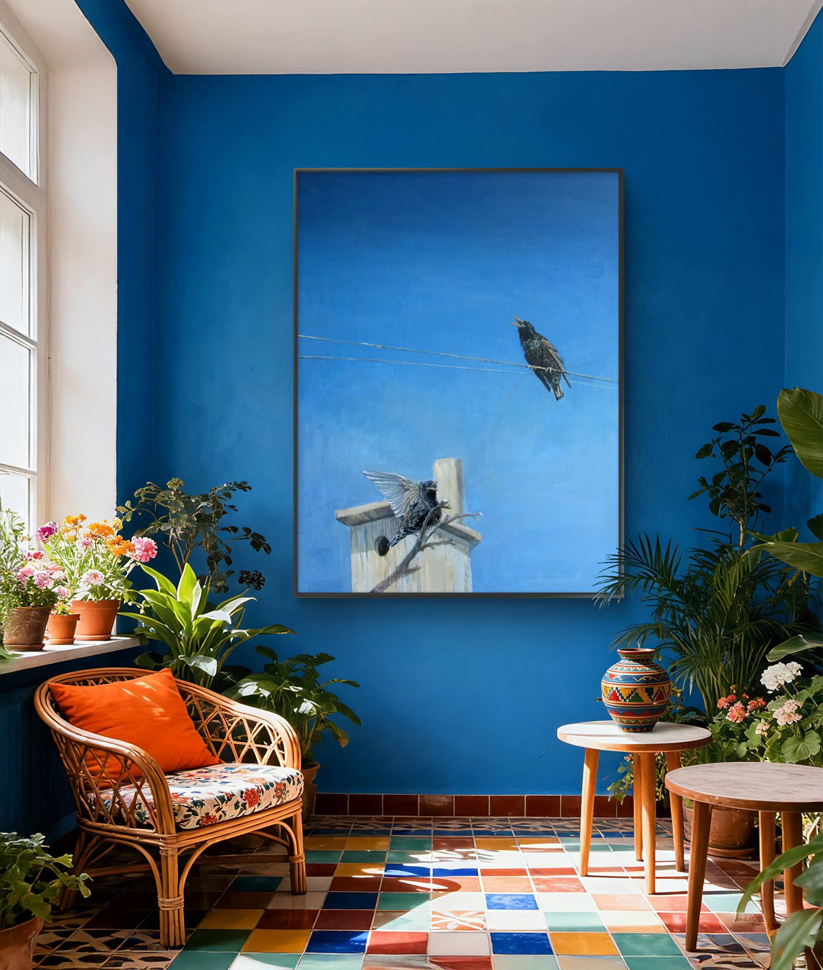 Living room with blue walls, a framed artwork, and decorative plants.