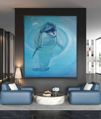 Living room with a large painting of a dolphin on the wall