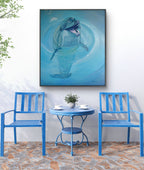 Blue chairs and table set with a dolphin painting on the wall
