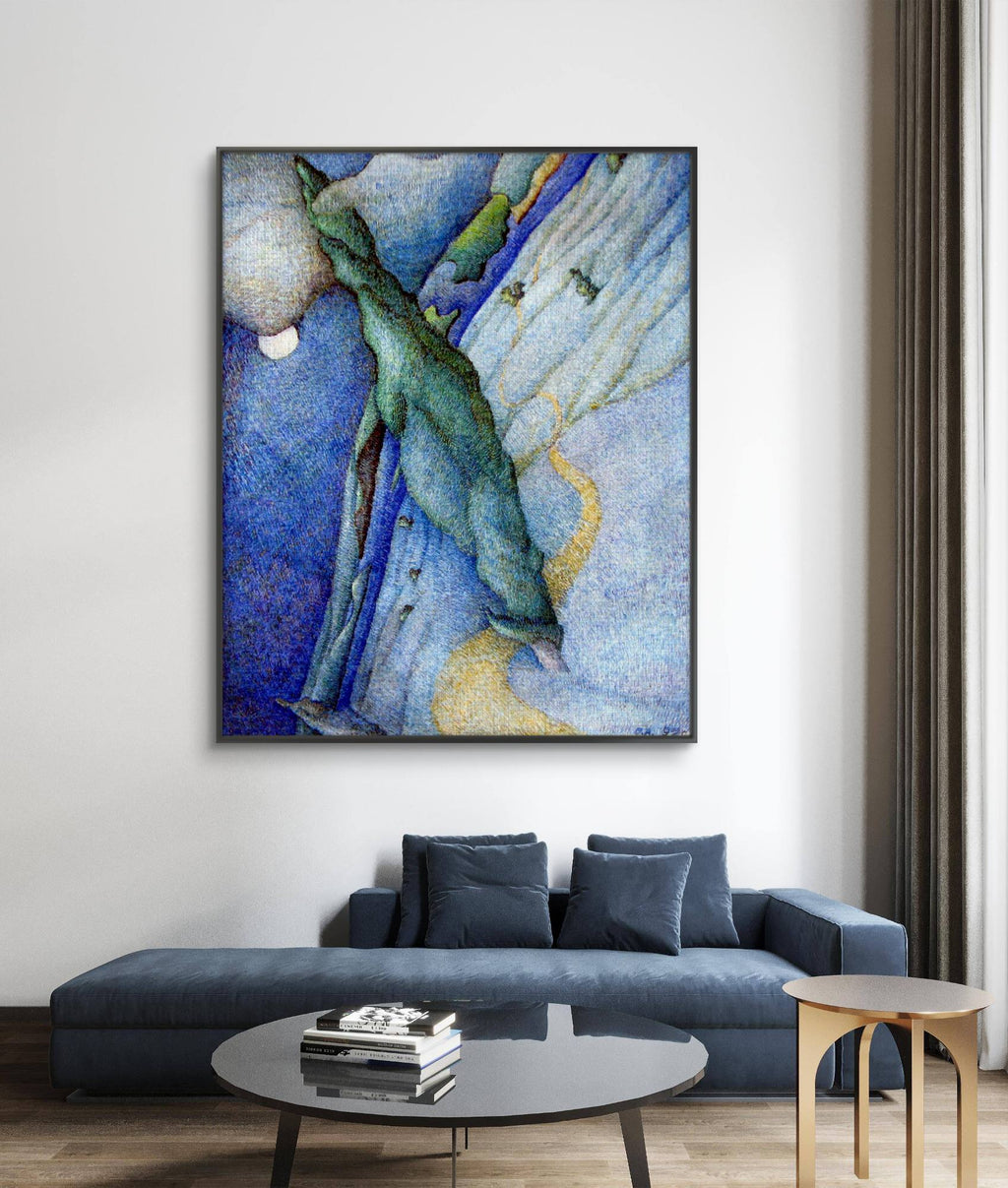 Abstract painting in a modern living room with a blue sofa and round coffee table.
