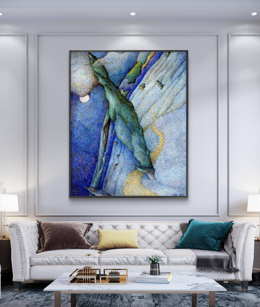 Modern living room with a white sofa, abstract painting, and decorative items.