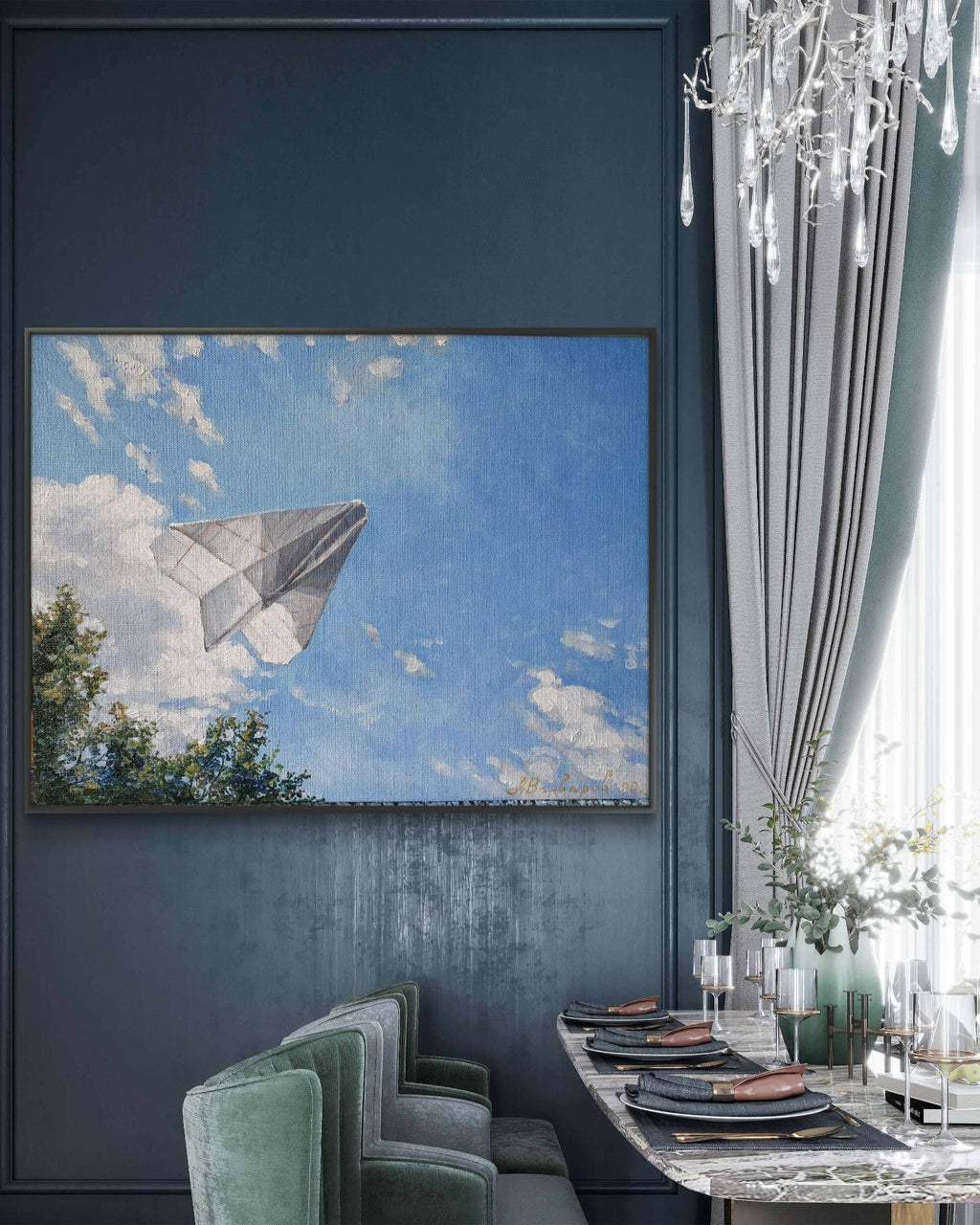 Modern interior with a painting of a paper airplane in the sky, green chairs, and a chandelier.