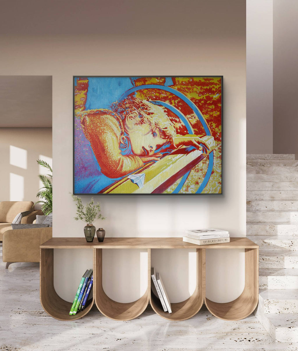 Modern living room with a colorful abstract painting on the wall above a wooden console table.