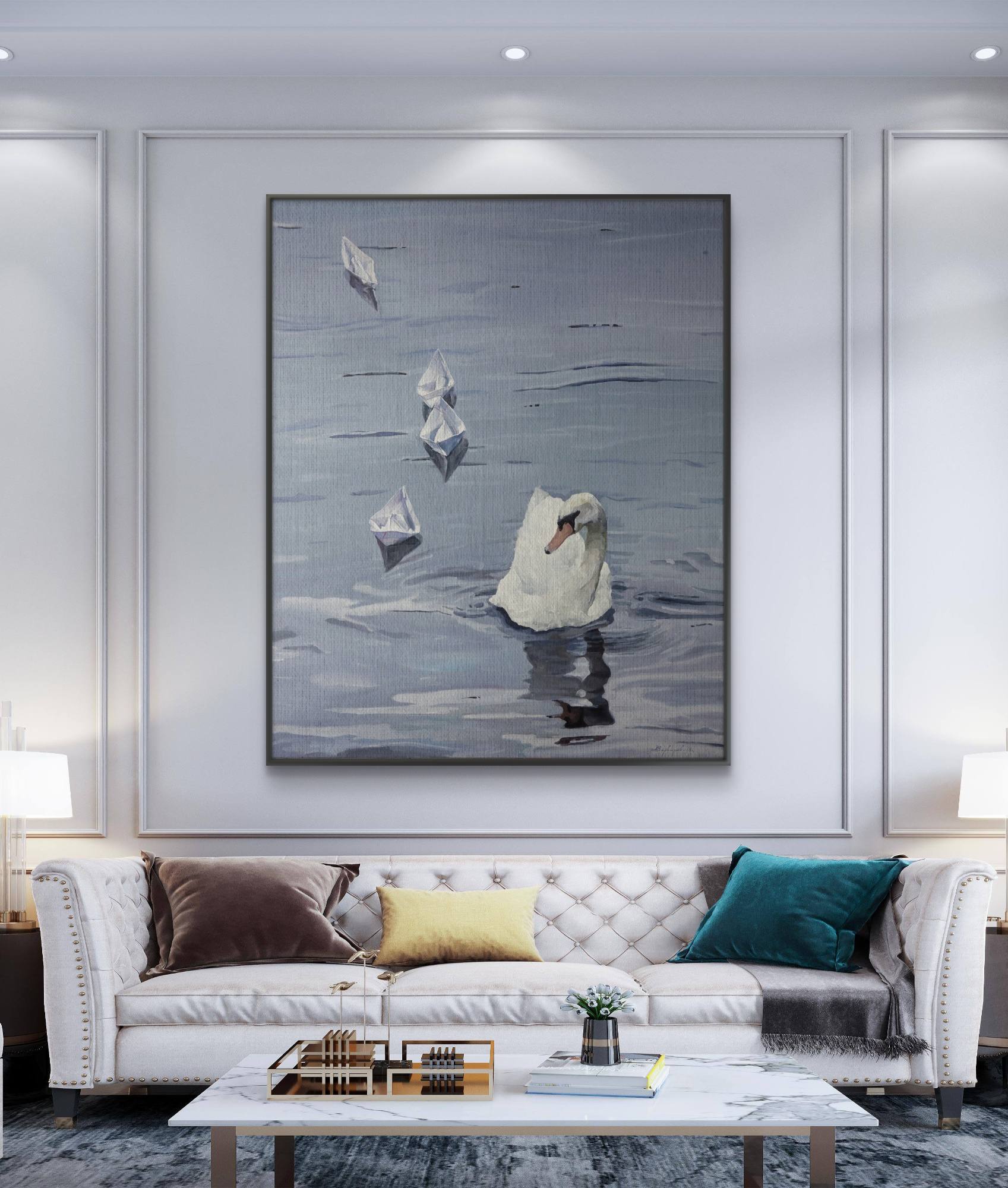 Living room with a large abstract painting of a swan on a wall above a sofa.