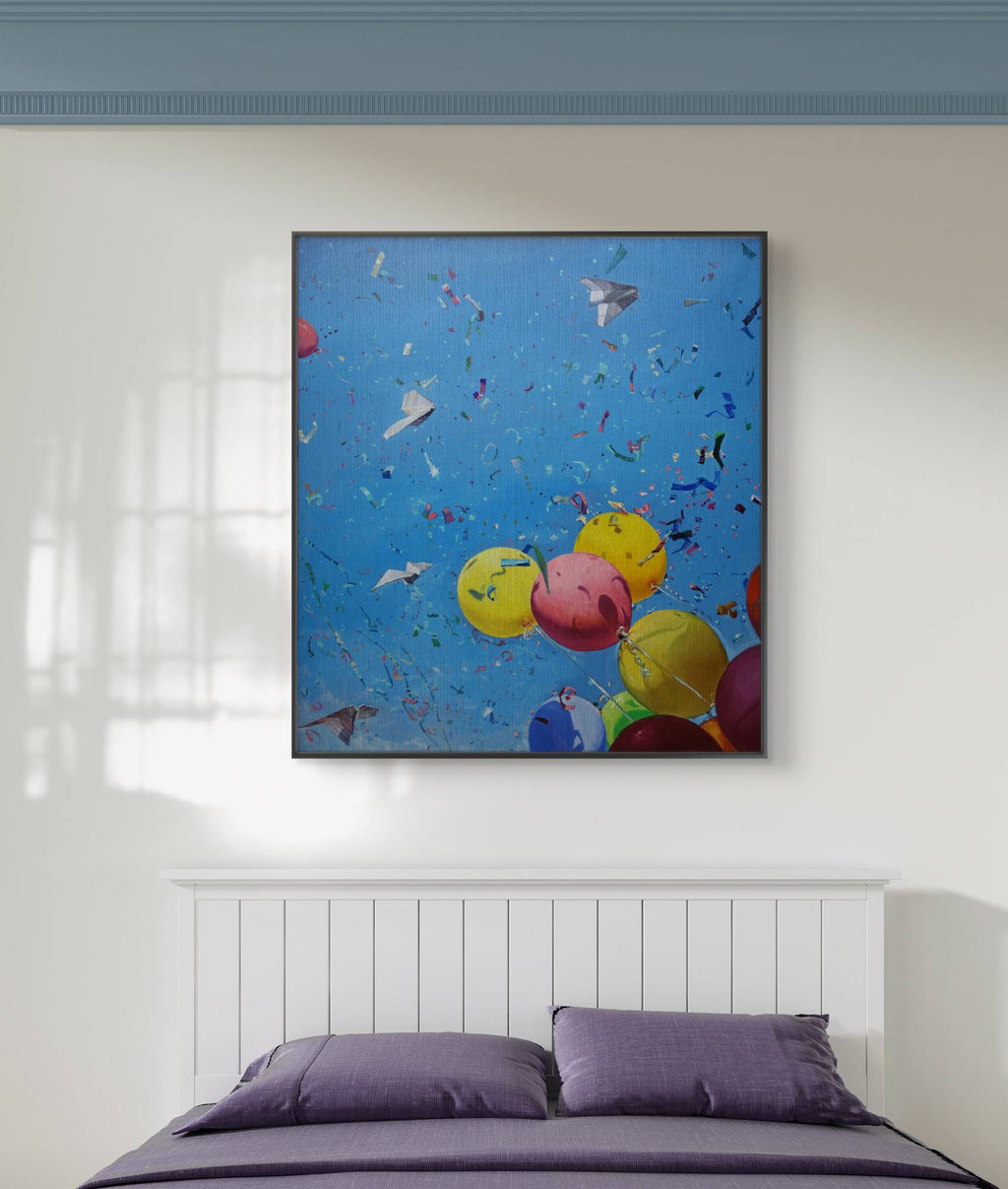 Colorful abstract painting of balloons and butterflies above a bed with purple bedding.