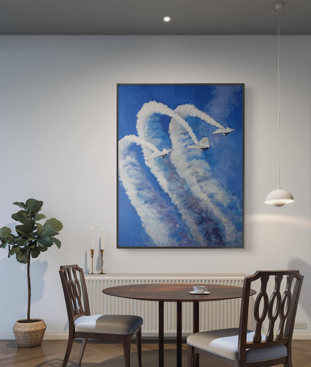 Dining room with a large abstract painting of airplanes on the wall.