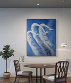 Dining room with a large abstract painting of airplanes on the wall.