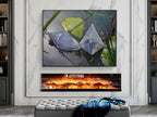 Modern living room with a fireplace and abstract painting on the wall.